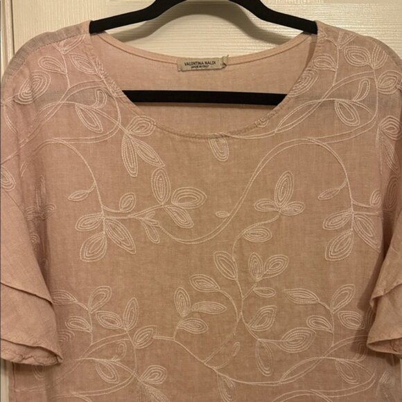 Elegant Floral Soft Pink Blouse 100% Linen #94 - Picture 2 of 8